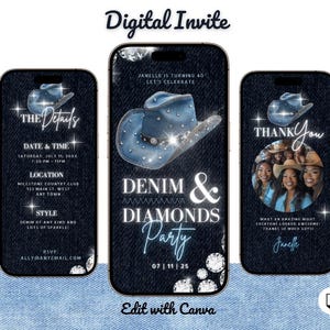 Denim and Diamonds Western Birthday Party Invitation: Editable Canva Template