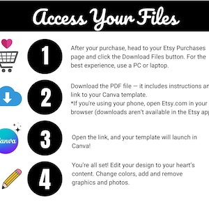 May include: Graphic with the text "Access Your Files" and numbered steps for accessing purchased files. Includes icons of a shopping cart, cloud, Canva logo, and pencil. Instructions guide users through downloading and editing templates.