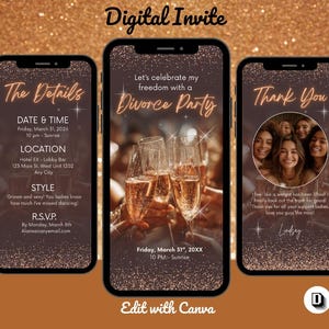 Könnte beinhalten: Digitale Einladung für eine Scheidungsparty, angezeigt auf drei Smartphones. Die Bildschirme zeigen Details, einen Champagner-Toast und eine Dankesnachricht mit Fotos. Das Design hat einen glitzernden Goldhintergrund.