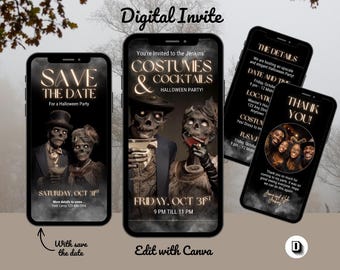 Zombie Animated Halloween Party Invitation Template Bundle: Costumes & Cocktails, Editable in Canva