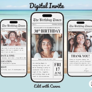 Newspaper Birthday Invitation Template: Digital Party Announcement, Edit in Canva (Digital Download)