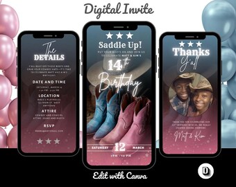 Cowboy Western Birthday Invitation Template for Twins: Wild West Party Flyer, Editable in Canva