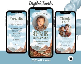 Western First Birthday Invitation: Wildest One In the West invite, Editable in Canva