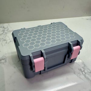 Può includere: Una piccola scatola di stoccaggio grigia con un motivo a nido d'ape sul coperchio e chiusure rosa.