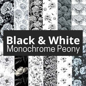 Black and White Monochrome Peony Floral Seamless Pattern | Digital Scrapbook Papers | Instant Download Patterns | Tile PNG | 12 Designs
