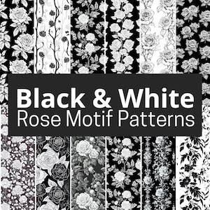 Patrón sin costuras con motivo de rosas en blanco y negro / Patrones de papel digital / Papeles de álbum de recortes con fondo floral / Mosaico PNG / Diario basura