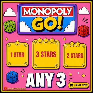 Monopoly Go! - 1,2,3 Stars Sticker - Any 3 PCs (Set 1 - 14)