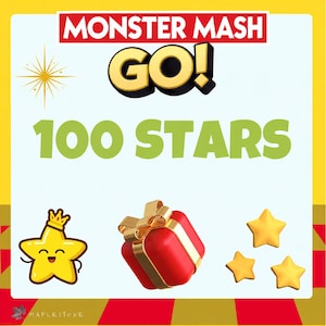 May include: A graphic featuring the text MONSTER MASH GO! and 100 STARS in large green letters. Below, a yellow star character with a crown, a red gift box with a gold ribbon, and three small yellow stars are displayed on a light blue background.