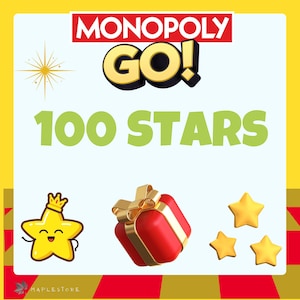 Op de afbeelding: Promotieafbeelding voor Monopoly GO! met het logo van het spel en de tekst "100 STARS". De afbeelding bevat een cartoonster met een kroon, een rode geschenkdoos met een gouden lint en drie gele sterren.