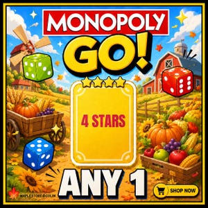 以下が含まれることがあります： Monopoly Go!のデジタルゲームグラフィック。中央に4つの星が描かれた黄色いカードがあり、4 STARS ANY 1というテキストが表示されています。背景には風車、赤い納屋、カボチャ、トウモロコシ、ブドウがある農場と、緑、赤、青の3つのカラフルなサイコロが描かれています。