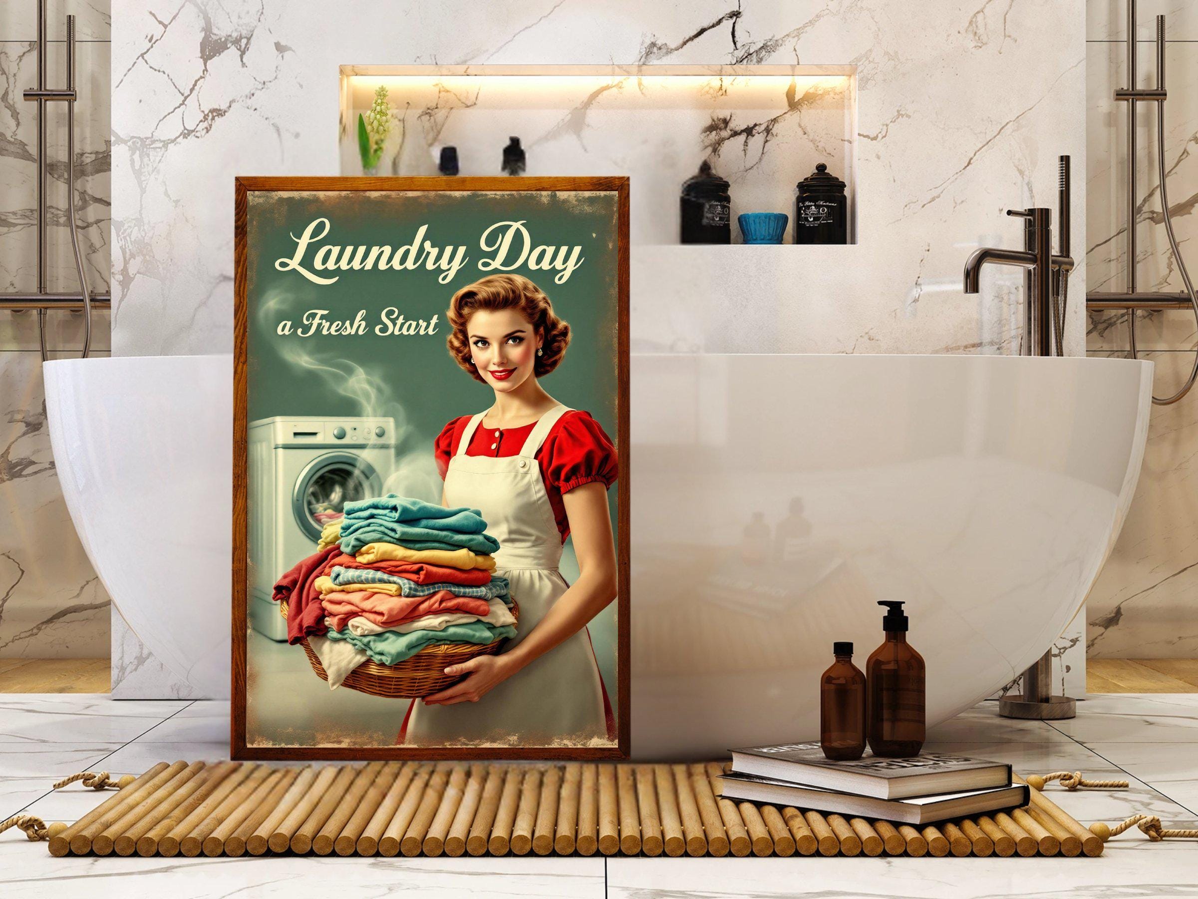 Vintage Laundry Day Wall Art, Retro Woman Washing Machine Print, Fresh ...
