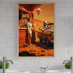 Retro Diner Space Wall Art, Vintage 1950s Sci-Fi Decor, Futuristic Martian Landscape Print, Mid-Century Modern Wall Art, Space Poster