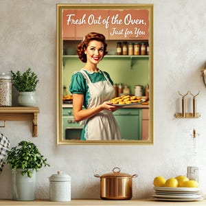 Retro Kitchen Wall Art Print, Vintage Woman Baking Decor, Nostalgic Home Signs, Retro Baking Poster for Kitchen, Wall Art Gift