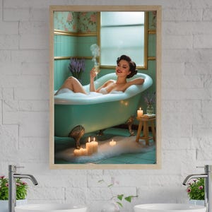 Vintage Glamour Bath Print, Retro Bathroom Decor, Elegant Soaking Woman Wall Art, Relaxation Spa Poster, Classic Bath Wall Decor