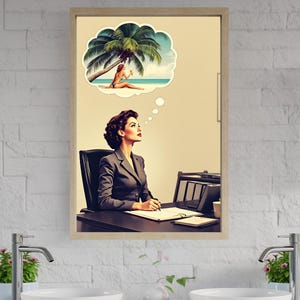 Retro Pin-Up Girl Thinking of Beach Wall Art, Unique Home Decor, Vintage Office Artwork, Dreaming of Vacation Poster, 1950s Style Print