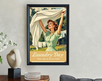 Vintage Laundry Day Wall Art, Joyful Laundry Room Decor, Retro Style Poster, Wash Day Print, Mid Century Modern, Home Decoration
