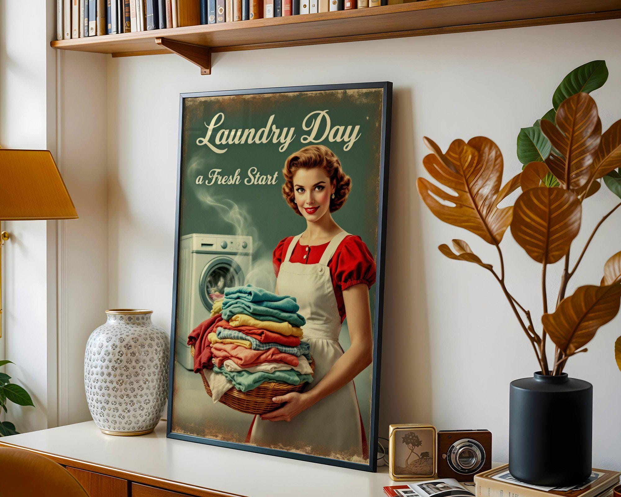 Vintage Laundry Day Wall Art, Retro Woman Washing Machine Print, Fresh ...