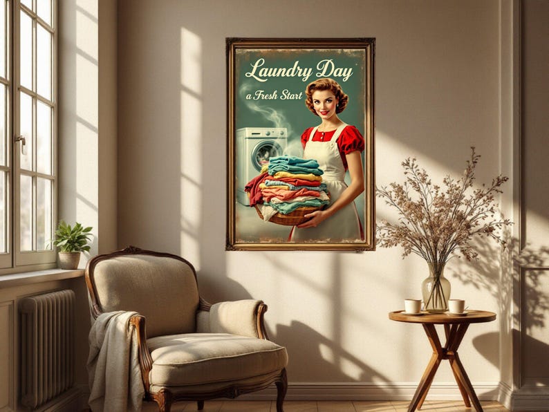 Vintage Laundry Day Wall Art, Retro Woman Washing Machine Print, Fresh ...