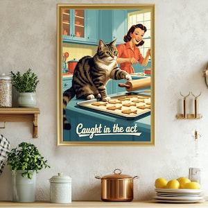 Retro Cat Kitchen Art Print, Vintage Style Cat Poster, Midcentury Modern Wall Art, Funny Cat Decor, Kitchen Decor, Baking Cat Illustration