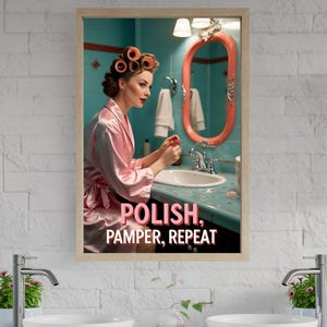 Retro beauty wall art, Vintage bathroom decor, Glamorous vanity print, Stylish self-care poster, Pampering routine artwork
