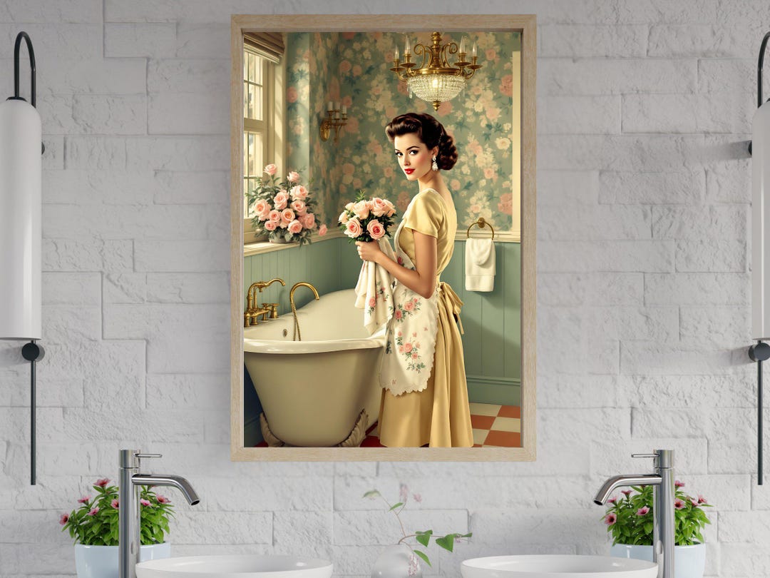 Vintage Bathroom Wall Art, Retro Woman Holding Roses, Classic Home ...