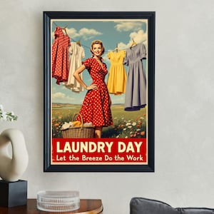 Vintage Laundry Day Wall Art Poster, Retro Homemaker Laundry Room Decor, Nostalgic 1950s Style Home Decoration