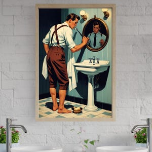 Vintage Bathing Room Wall Art, Retro Man Shaving Print, Classic Bathroom Decor, Masculine Home Artwork, Barber Shop Poster