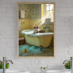 Cute Cat in Bathtub Wall Art, Bathroom Decor Cat Poster, Cat Lover Gifts, Funny Cat Print, Quirky Animal Art, Whimsical Cat Wall Art