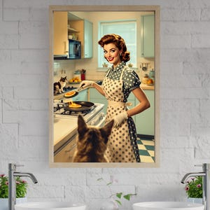 Retro Kitchen Wall Art, Vintage Housewife Cooking Print, Mid-Century Modern Decor, 1950s Style Artwork, Cat Lovers Gift, Retro Poster
