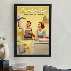 Vintage Laundry Day Wall Art, Retro Housewife and Husband Print, Mid-Century Decor, Perfect Laundry Room Art, Unique Home Decor