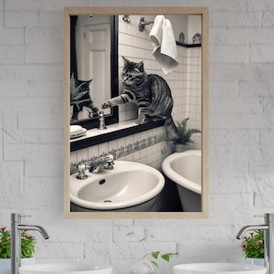 Cat in Bathroom Wall Art, Black and White Cat Print, Funny Cat Photography, Bathroom Decor Print, Cute Cat Bathroom Poster, Vintage Style