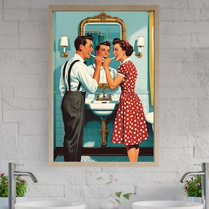 Impresión de arte de pared de baño retro, pareja vintage cepillándose los dientes, decoración moderna de mediados de siglo, ideal para el hogar y el baño, póster de arte