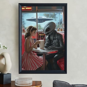 Alien Diner Encounter Wall Art, Retro Sci-fi Art Print, Surreal Alien and Girl Poster, Space Themed Decor, Futuristic Wall Art