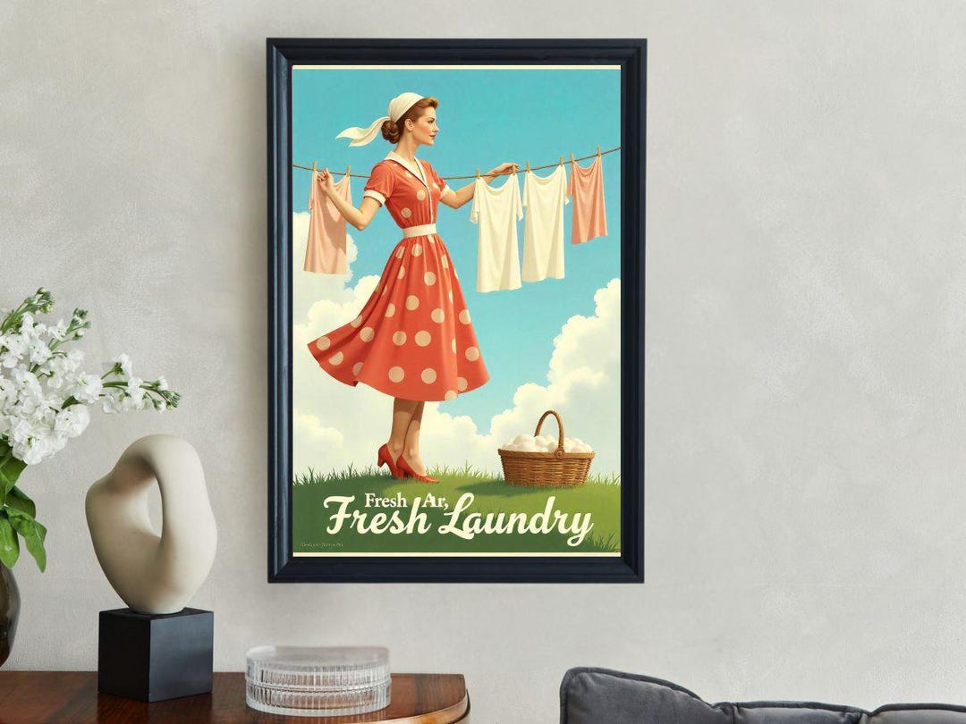 Vintage Laundry Room Wall Art, Retro Woman Hanging Clothes Poster ...