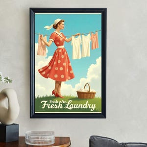 Vintage Laundry Room Wall Art, Retro Woman Hanging Clothes Poster, Fresh Laundry Print, Laundry Room Decor, Nostalgic Home Decor