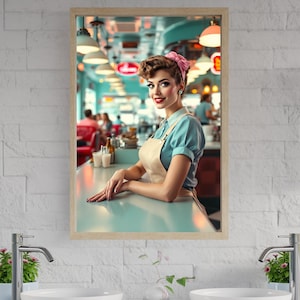 Retro Diner Waitress Wall Art, 1950s Nostalgia Decor, Vintage American Diner Print, Retro Kitchen Decoration, Classic Diner Artwork