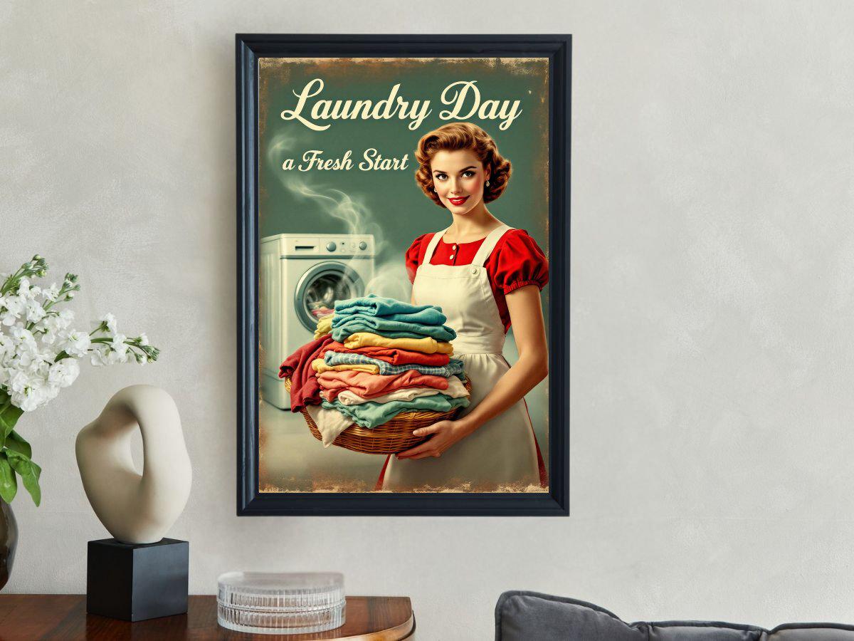 Vintage Laundry Day Wall Art, Retro Woman Washing Machine Print, Fresh Start Decor, Classic Laundry Room Art, 1950s Style Poster