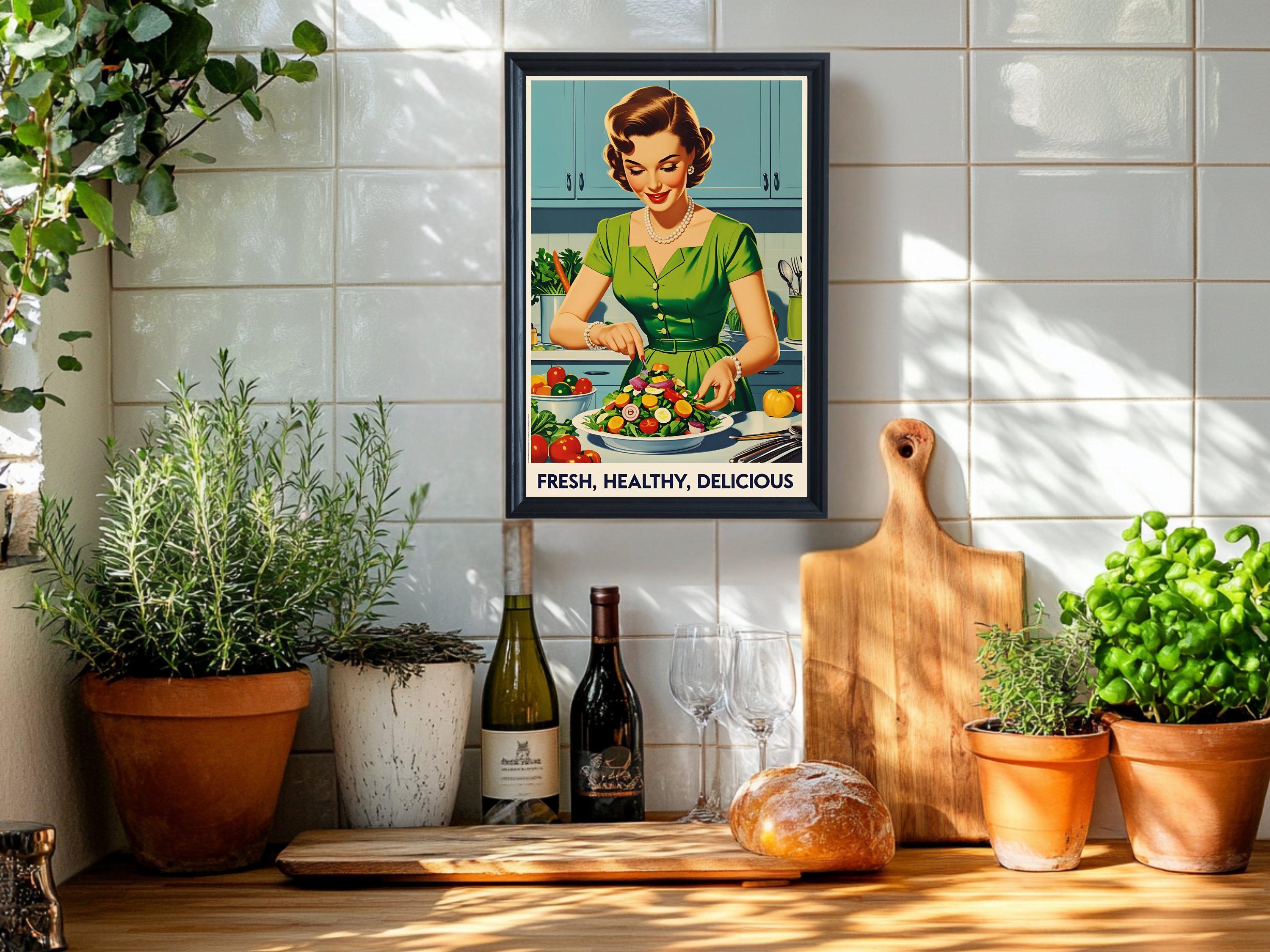 Vintage Kitchen Wall Art, Retro Woman Cooking Print, Healthy Food ...