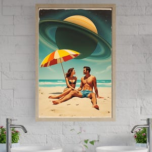 Surreal beach wall art print, Couple on beach with Saturn, Unique beach decor, Outer space scene, Fantasy wall art, Beach lovers gift