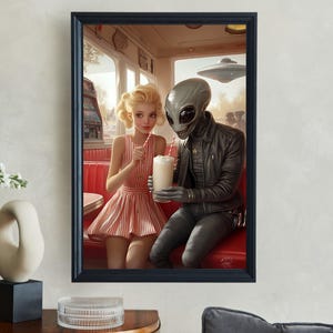 Retro Sci Fi Alien Diner Wall Art, 1950s Vintage Print, Unique Pop Culture Artwork, Space Themed Decor, Alien Lover Gift