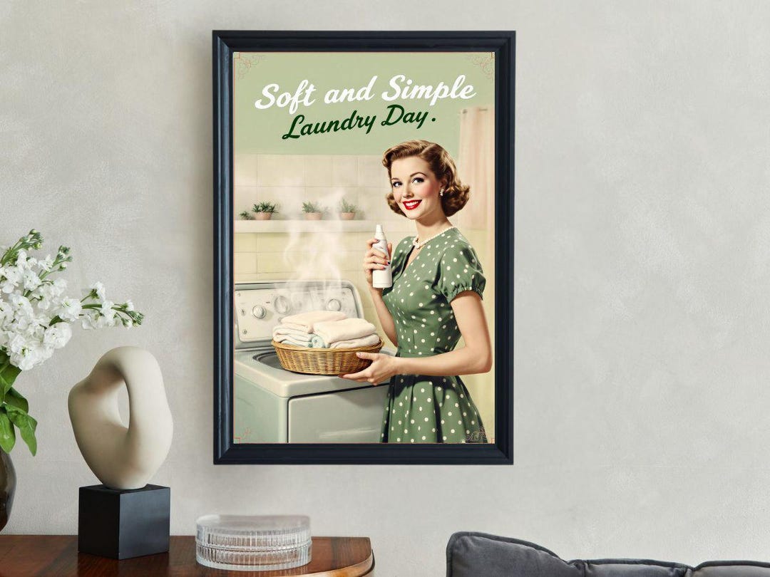 Vintage Laundry Day Wall Art Print Retro Woman With Basket of Towels ...