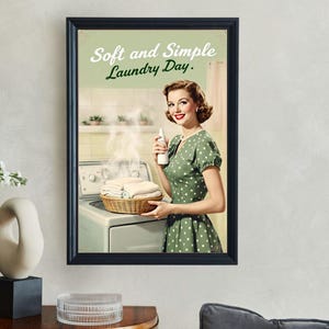 Vintage Laundry Day Wall Art Print Retro Woman with Basket of Towels Nostalgic Home Decor, Laundry Room Poster Decor