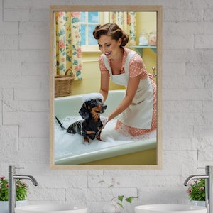 Vintage Bath Time Wall Art, Woman Bathing Dachshund, Retro Home Decor, Mid Century Modern Art Prints, Bathroom Decor, Dog Art Print