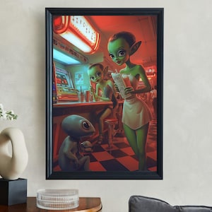 Retro Alien Cafe Art, Neon Diner Scene Print, Sci-Fi Wall Art, Vintage Alien Decor, Futuristic Home Decor, Colorful Space Art for Home