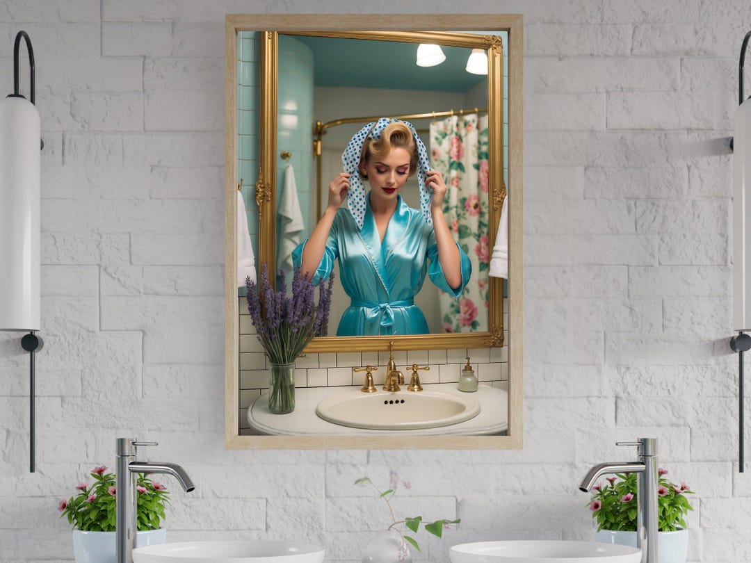 Vintage Bathroom Wall Art, Retro Glamour Woman in Bathroom, Elegant ...