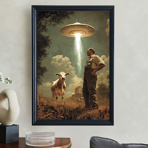 UFO Alien Abduction Wall Art, Surreal Cow Pasture Scene Poster, Sci-Fi Farmhouse Decor, Unique Artwork for Home Office, Space Themed Print