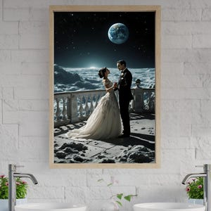 Romantische Mondschein Tanz Wandkunst, Sternenklare Nacht Balldekor, Elegantes Paar Unter dem Nachthimmel Poster, Verträumte Himmlische Szene Kunstwerke