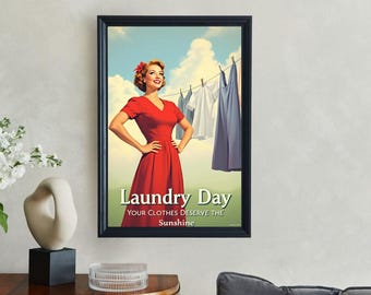 Vintage Laundry Day Wall Art Print, Retro Woman with Clothesline, Whimsical Home Decor, Mid-Century Inspired Poster, Laundry Room Art