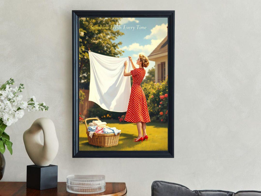 Retro Laundry Day Art Print, Vintage Housewife Poster, Sunshine Fresh ...