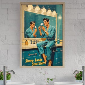 Retro Bathroom Wall Art, Vintage Poster, Barber Shop Decor, Mid Century Shave Artwork, Classic Men&#39;s Grooming Print